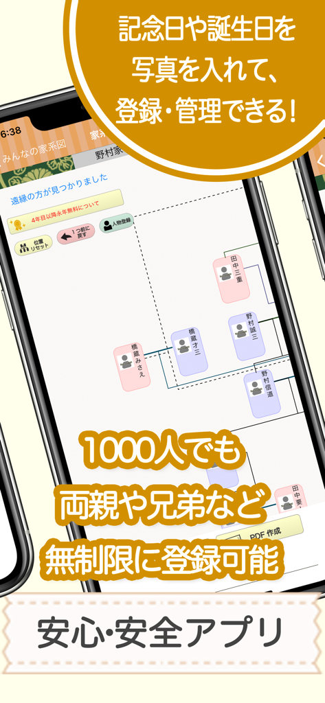 みんなの家系図 家族のルーツを記録に残そう - Mobile App-Oberfläche, die einen digitalen japanischen Stammbaum mit mehreren Mitgliederverbindungen und Werbetext zum Registrieren von Verwandten anzeigt.