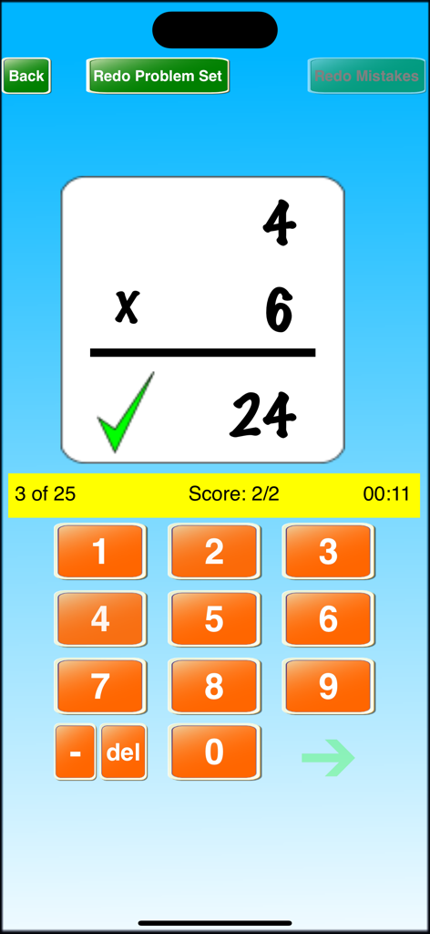 Ace Math Flash Cards - Digital multiplication flash card showing 4 times 6 equals 24 with a green checkmark