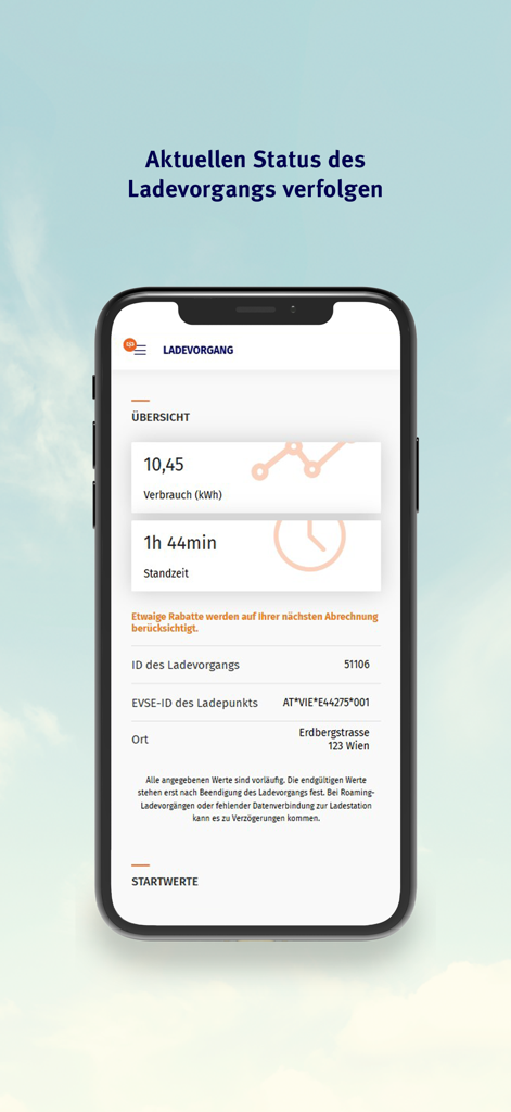 Wien Energie Tanke Business - A mobile screen showing the real-time EV charging status, energy consumption in kWh, and charging duration within the Wien Energie Tanke Business app.