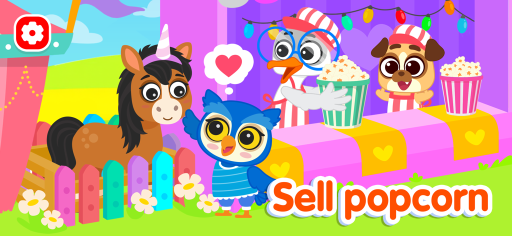 Farming game: Animal farm life - カラフルな農産物スタンドでポップコーンを売るかわいいカートゥーンの動物たち