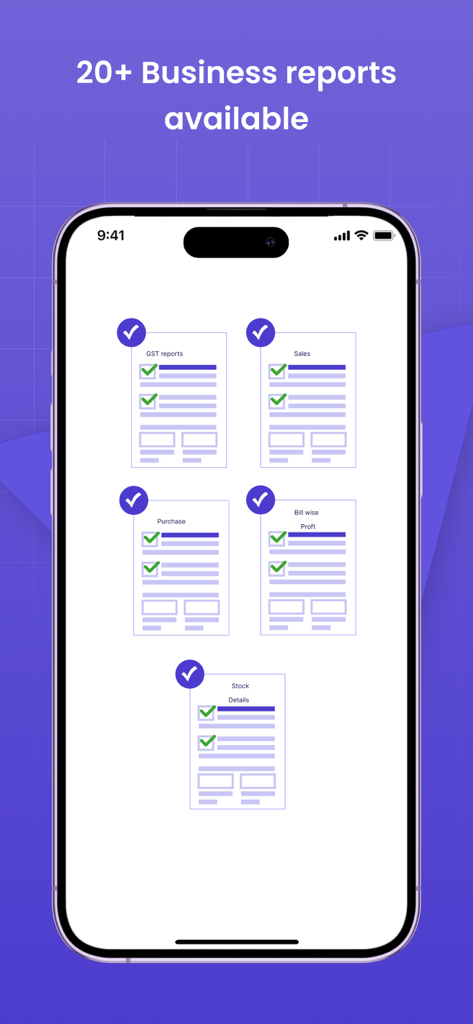Smartphone screen displaying various business reports like GST, sales, and stock details in the myBillBook app.