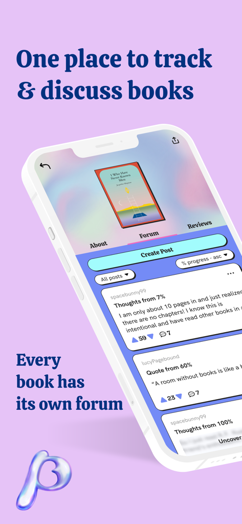 Pagebound: Social Book Tracker - Interface of the Pagebound app showing a discussion forum for a specific book with user posts sorted by reading progress percentage.