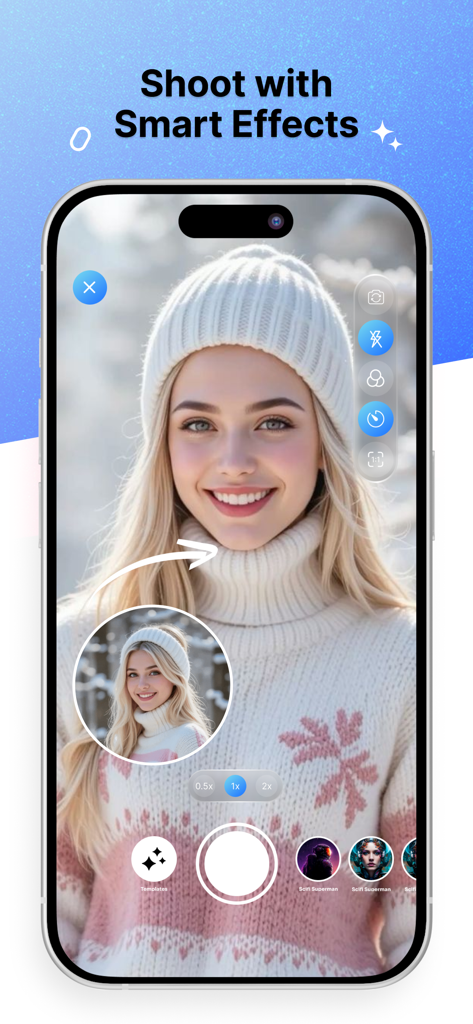 Smartphone screen displaying Open Camera app with a portrait photo using AI smart effects.