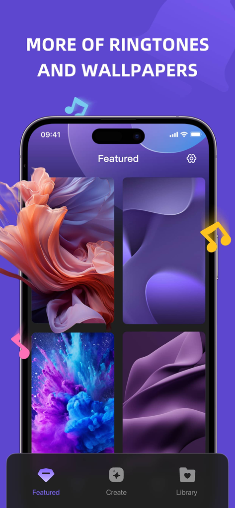 Smartphone-Bildschirm zeigt eine Sammlung bunter abstrakter Hintergrundbilder in der ZEGE-App.
