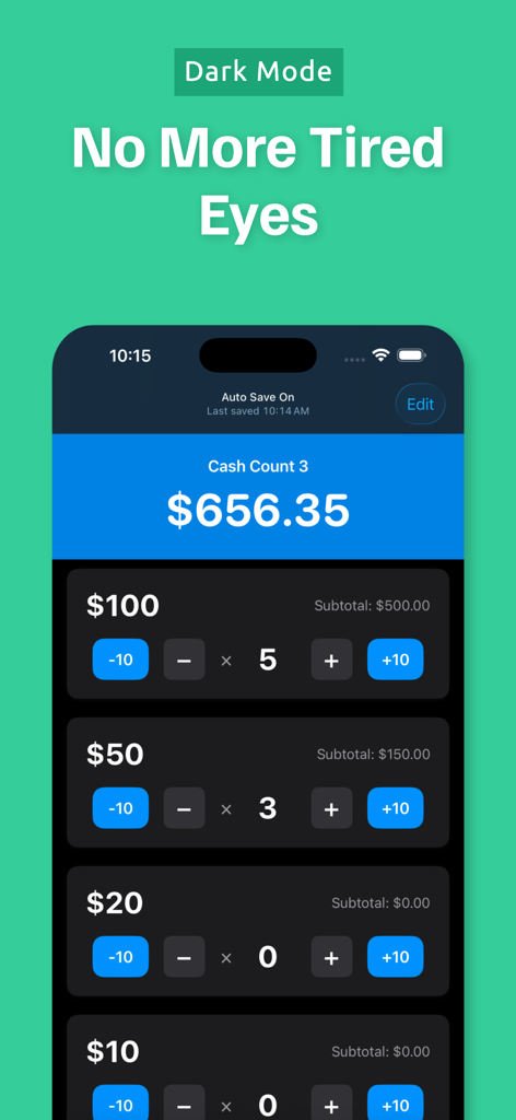 Money Counter - Coin Organizer - Money Counter App-Oberfläche im Dunkelmodus, die Stückelungen und Bargeldsummierung zeigt