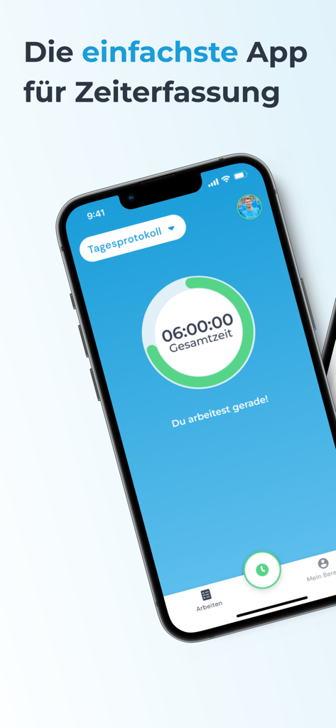 clockin – Zeiterfassung - A smartphone displaying the clockin app interface with a running timer tracking six hours of work