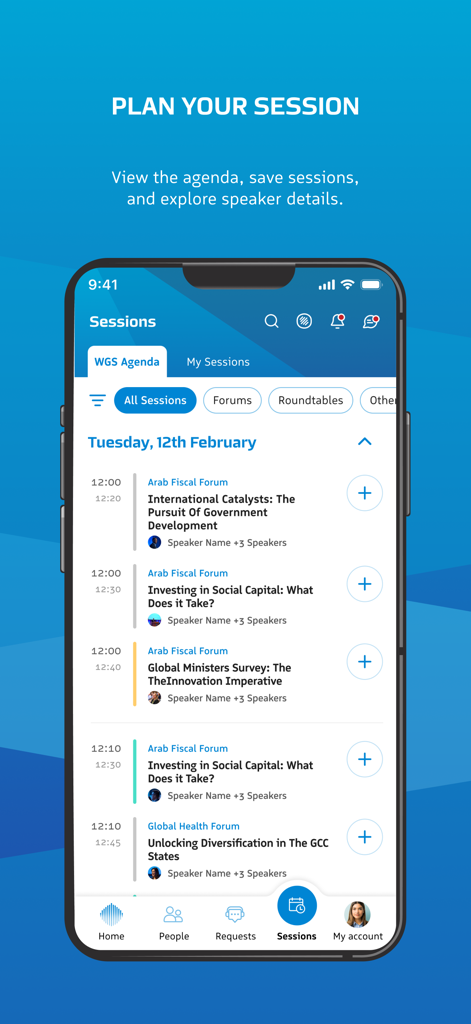 World Governments Summit - Interface of the World Governments Summit app showing a list of scheduled sessions and agenda items