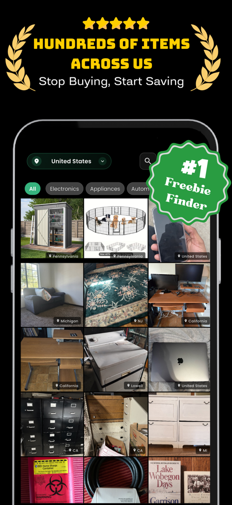 Freecycle App-Bildschirm, der einen Marktplatz mit kostenlosen Artikeln wie Möbeln und Elektronik in den USA zeigt.