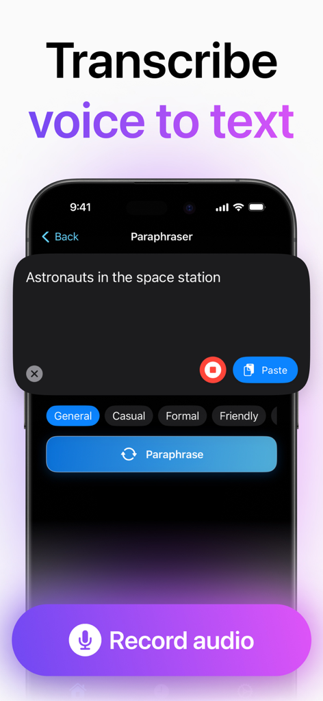 Pantalla de teléfono inteligente que demuestra la interfaz de transcripción y paráfrasis de voz a texto.