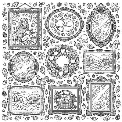 Transform your space with the warm hues of fall! This delightful coloring page features a collection of beautifully framed autumn scenes and decorative mirrors, perfect for a cozy creative escape.