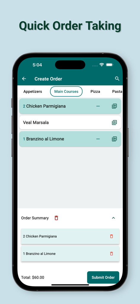 Mobile app interface for quick order taking in a restaurant POS showing selected menu items and order summary.