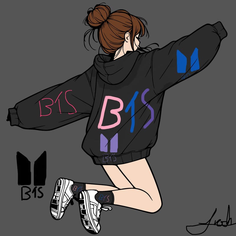 realistic girl jumping with a bun and oversized sweatshirt