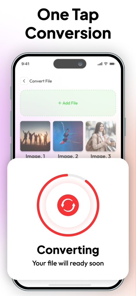 Mobile app interface showing a one tap image conversion process with a progress indicator