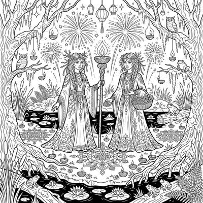 Embark on a magical coloring journey with this captivating Swamp Witches Diwali celebration scene. Discover a unique blend of ancient wetland magic and festive lights, perfect for unleashing your creativity.