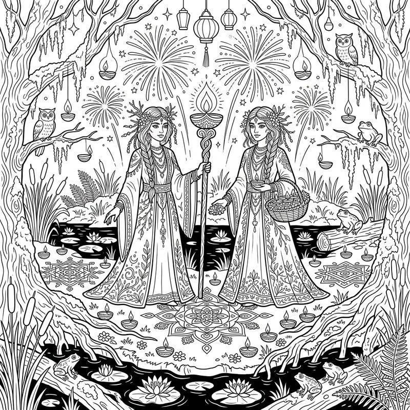 Embark on a magical coloring journey with this captivating Swamp Witches Diwali celebration scene. Discover a unique blend of ancient wetland magic and festive lights, perfect for unleashing your creativity.