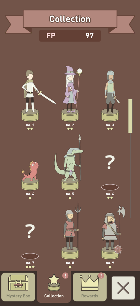 IQ Dungeon 2: Inherited Light - Character collection screen in IQ Dungeon 2 featuring various RPG style hero and monster figurines