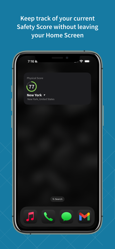 GeoSure Mobile Startbildschirm-Widget, das eine Sicherheitsbewertung für New York anzeigt