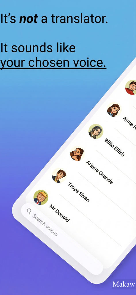 A mobile app interface displaying a list of celebrity voice options for AI translation like Billie Eilish and Ariana Grande.