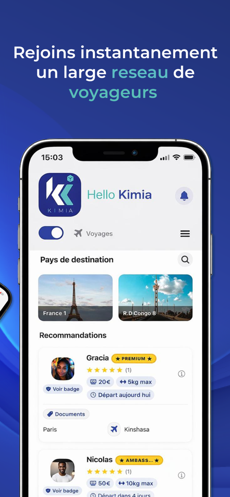 Kimia Lite - Smartphone screen displaying the Kimia Lite app interface with a network of travelers and shipping options between countries
