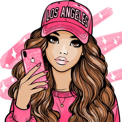 realistic beautiful girl wearing los ángeles cap holding an iphone
