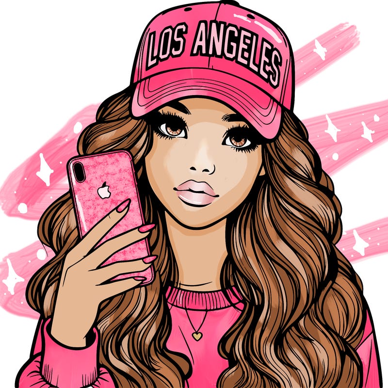 realistic beautiful girl wearing los ángeles cap holding an iphone