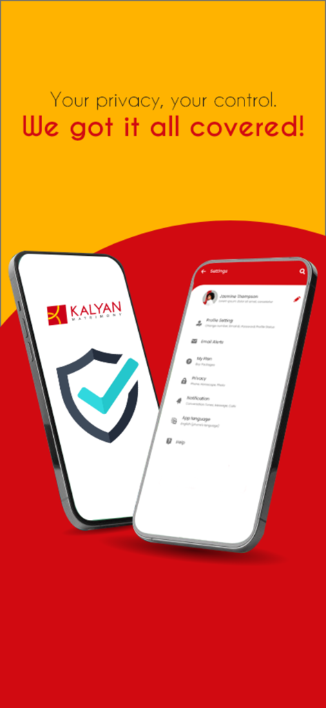 Kalyan Matrimony® Marriage App - Two mobile phone screens displaying the Kalyan Matrimony app logo with a security shield and an app settings menu highlighting privacy and user control