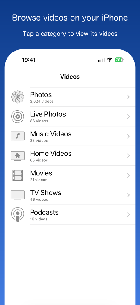 Frame Grab - Interfaccia dell'app Frame Grab che mostra categorie video come Foto e Live Photos da sfogliare su iPhone.