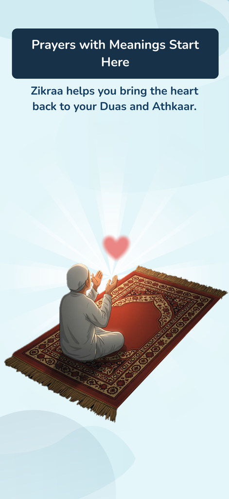 An illustration of a man praying on a rug with a glowing heart symbol above him