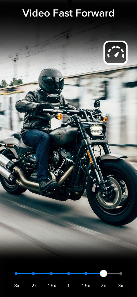 Video Slow Fast Speed Editor - Video fast forward interface showing a motorcycle rider with a 2x speed selection