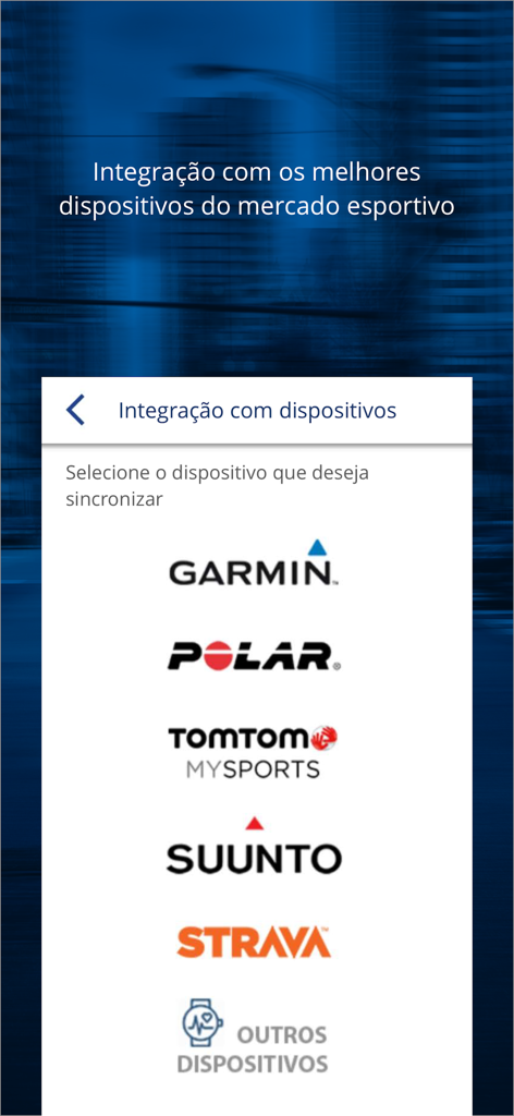 Treinus - Tela do aplicativo Treinus mostrando opções de integração com dispositivos esportivos como Garmin, Polar, Suunto e Strava.