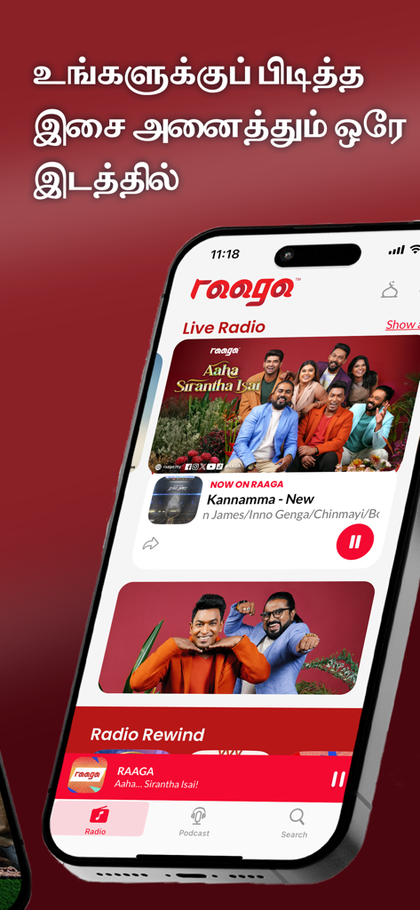 Interface of the RAAGA app on an iPhone showing live Tamil radio streaming with music and radio personalities