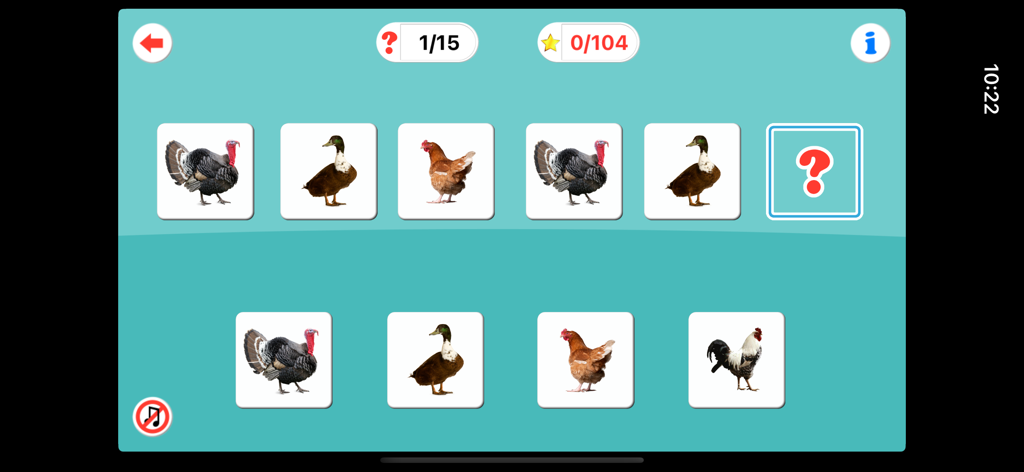 Sequences for Kids Pro - An educational sequencing game for children showing a pattern of farm animals to be completed.