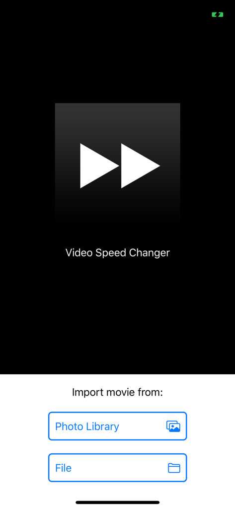 Video speed changer - 動画速度変更アプリのホーム画面。フォトライブラリとファイルからのインポートオプションが表示されています。