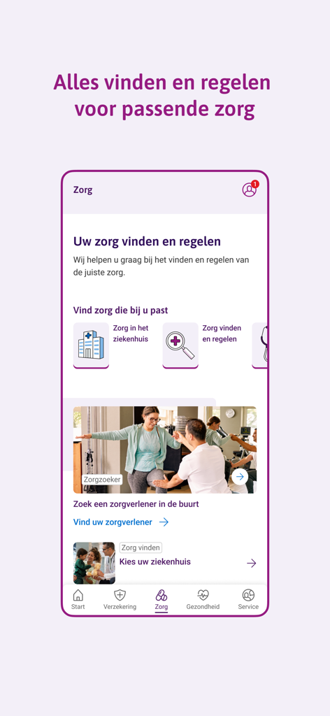 A screenshot of the IZZ Zorgverzekering app showing the care tab with options to find healthcare providers and hospital care