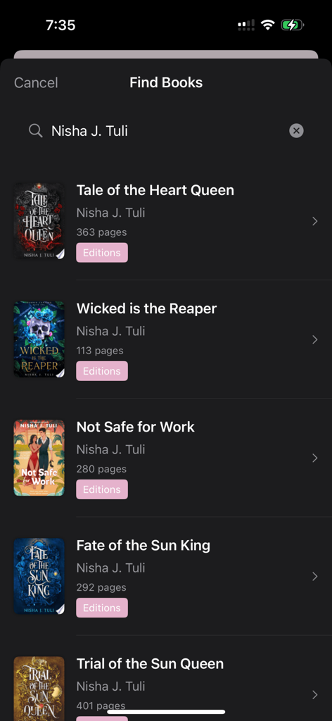 Book Nook - My Digital Library - Search results for author Nisha J Tuli in the Book Nook app showing a list of books with their titles and covers