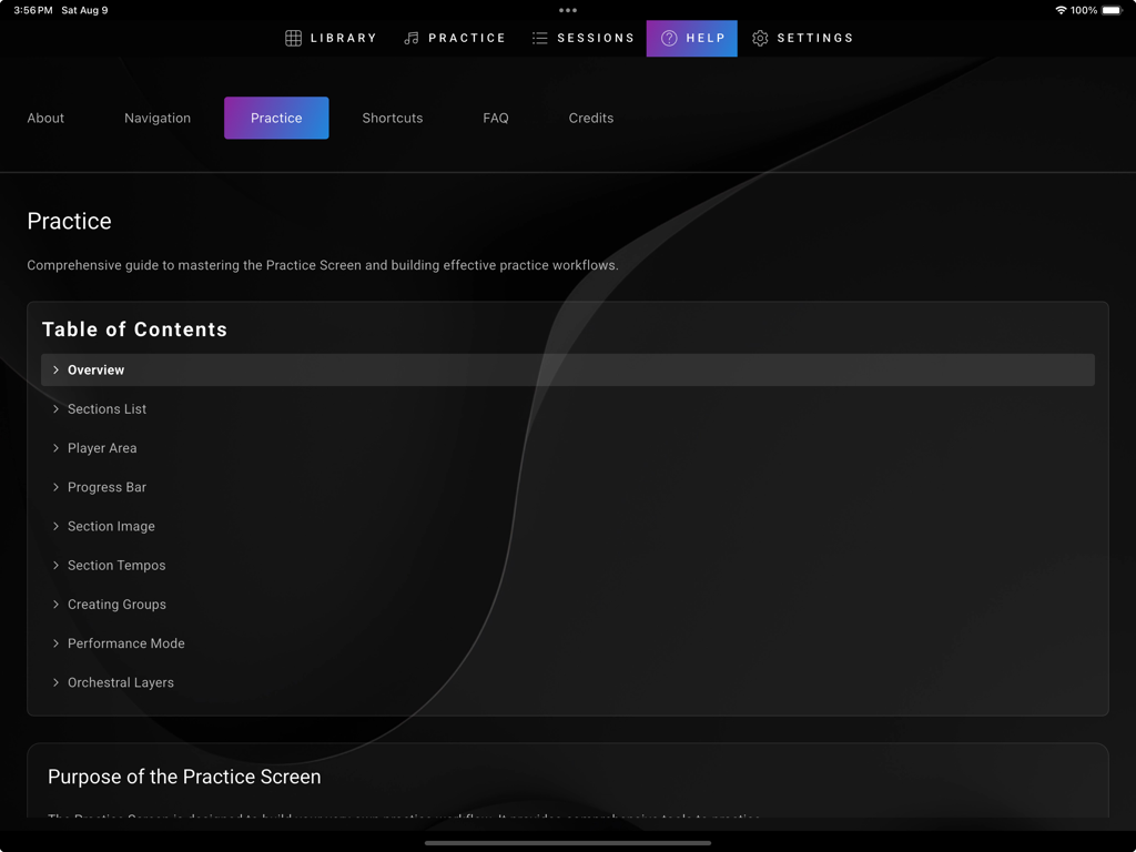 GPhil - GPhil app help section with practice guide table of contents