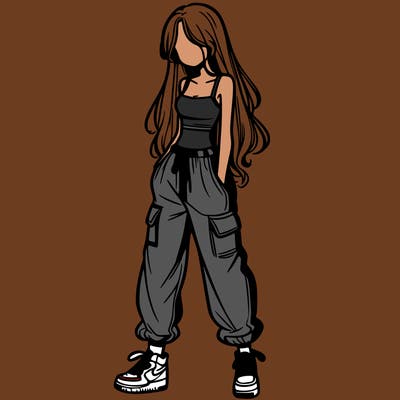 girl in baggy pants crop top and long hair