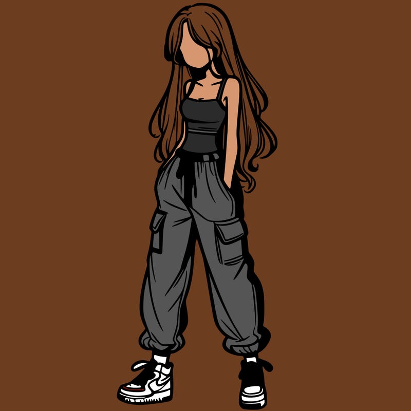 girl in baggy pants crop top and long hair