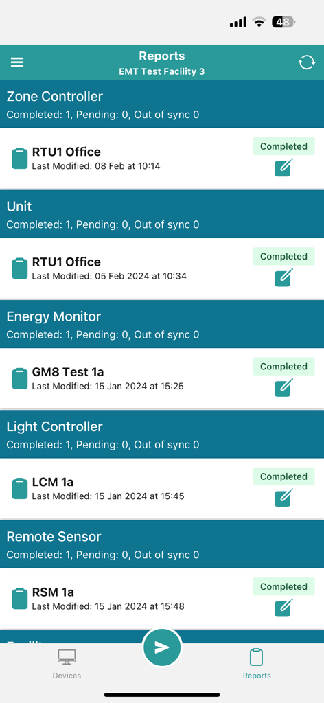 Mobile application interface showing a list of completed installation reports for building control devices