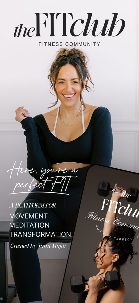 The FITclub by Yami Mufdi - Pantalla de la aplicación The FITclub con Yami Mufdi y texto sobre meditación en movimiento y transformación