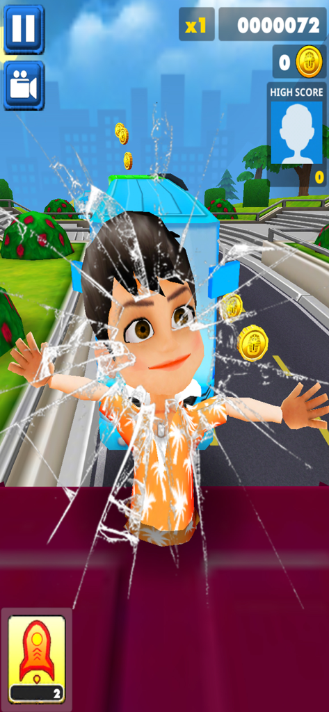 Street Runner – Endless Runner - Street Runner gameplay showing the character hitting the screen with a cracked glass effect