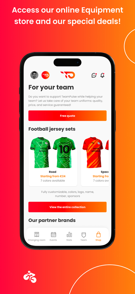 TeamPulse - Team management - TeamPulse app store interface displaying customizable football jersey sets for sports teams
