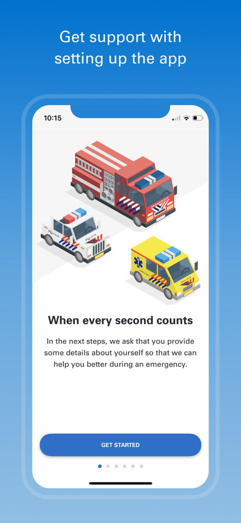Onboarding screen of the 112NL app showing illustrations of a police car, fire truck, and ambulance with the text When every second counts.