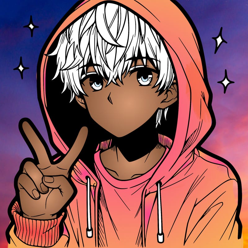teenage manga boy in a hoodie, doing ✌
