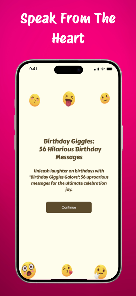 Love Messages, Birthday Wishes - A smartphone screen from the Love Messages app showing a section for hilarious birthday messages with various emojis on a pink background