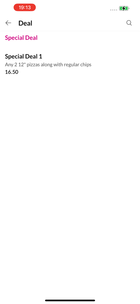 Moza. - Interface minimalista do aplicativo Moza mostrando uma oferta especial de duas pizzas de 30 cm e batatas fritas por 16,50.