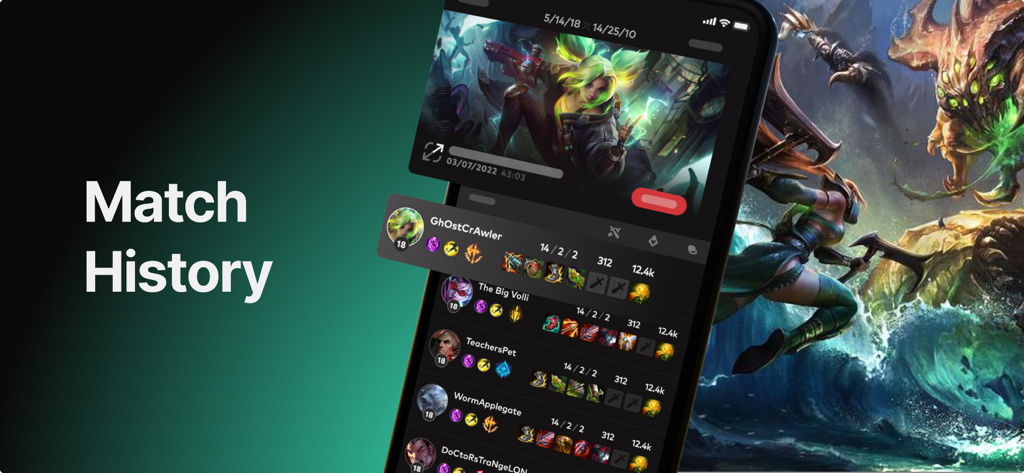 Riot Mobile App-Interface mit detaillierter Match-Historie und Spielerstatistiken für League of Legends