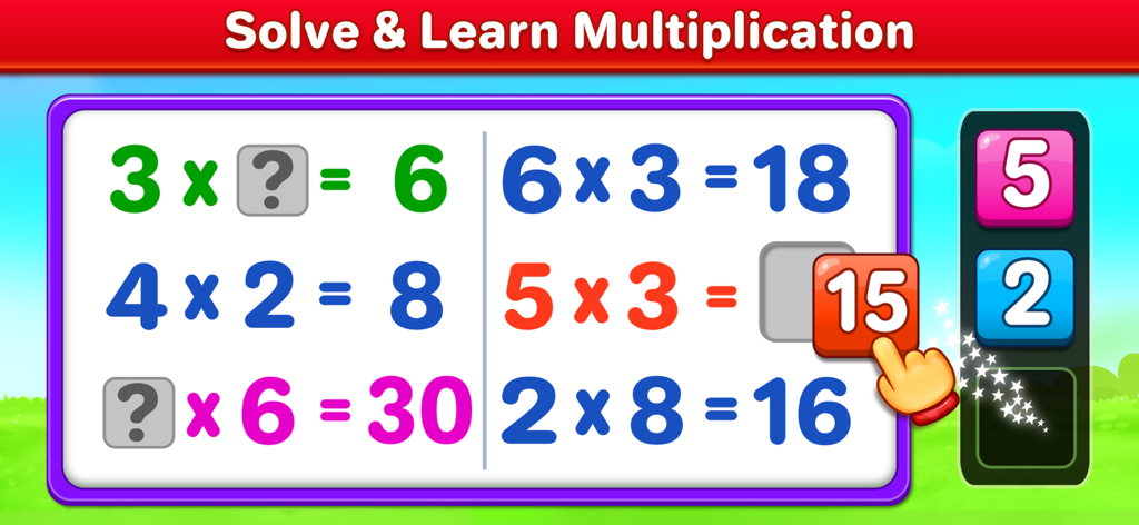 Educational multiplication puzzle game for kids with drag and drop math problems