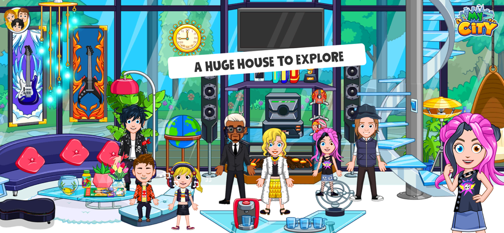 My City : Mansion - Cartoon characters in a modern luxury mansion living room with a large window and spiral staircase