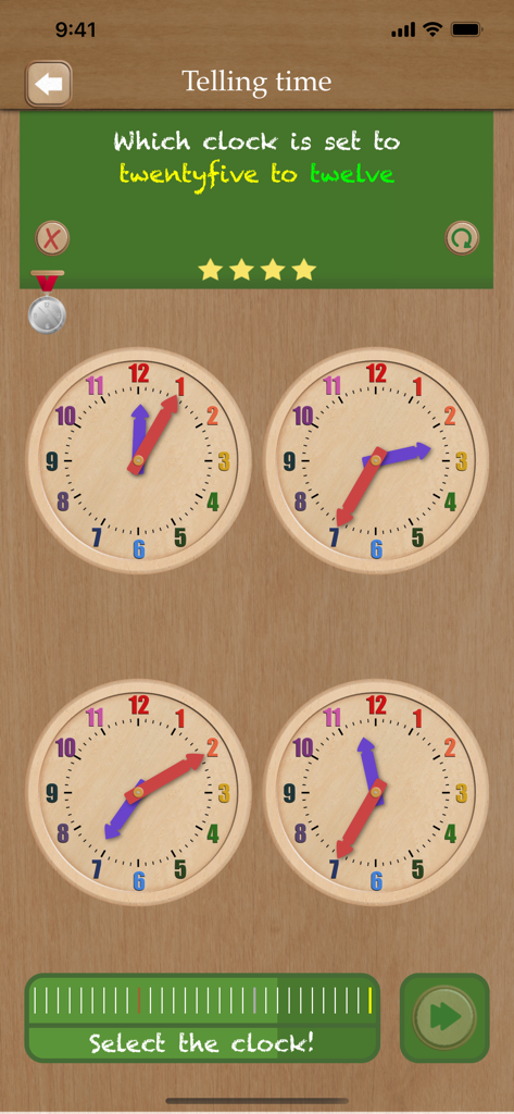 A educational game screen with four wooden analog clocks for learning to tell time.